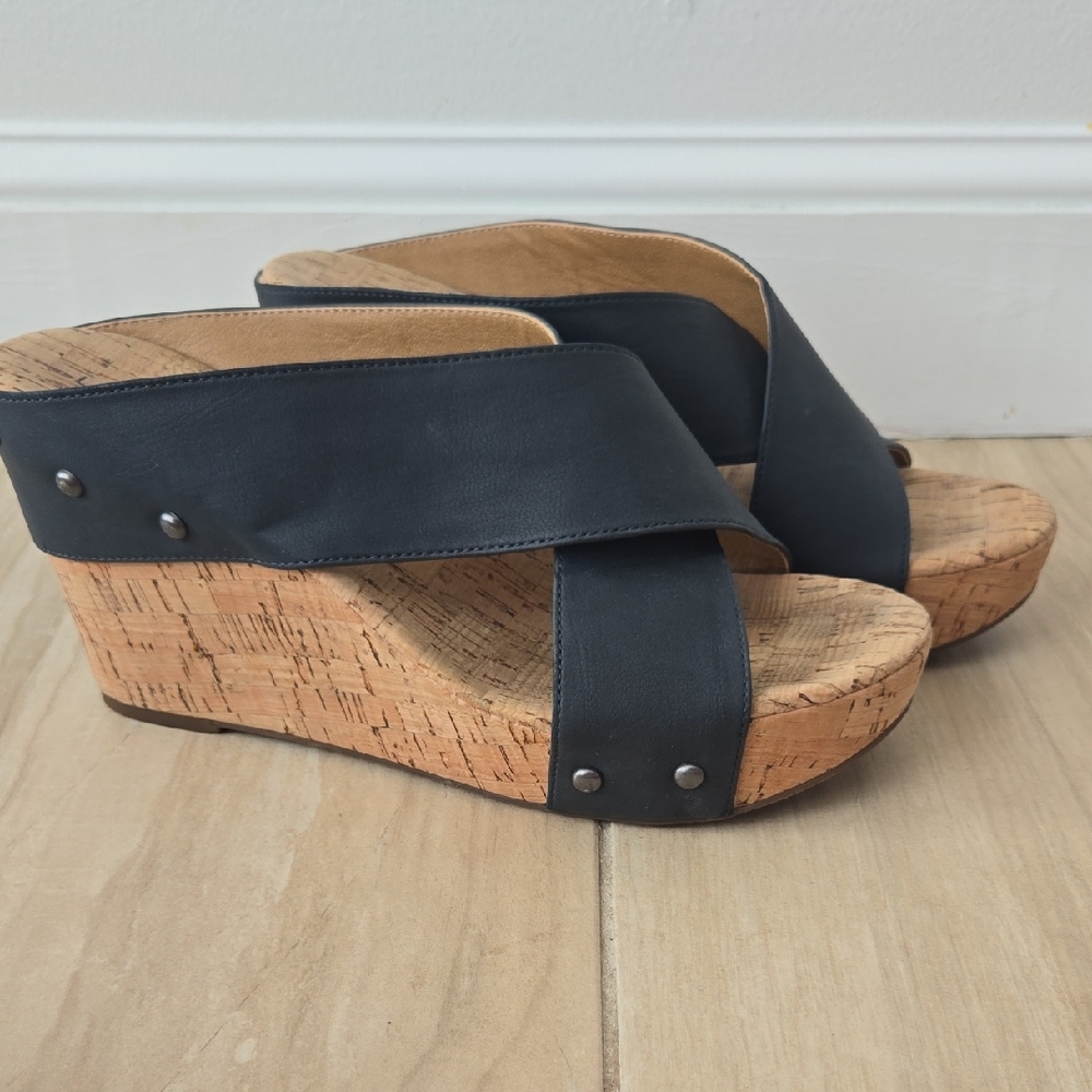 Lucky Brand Leather Cork Wedge Sandals